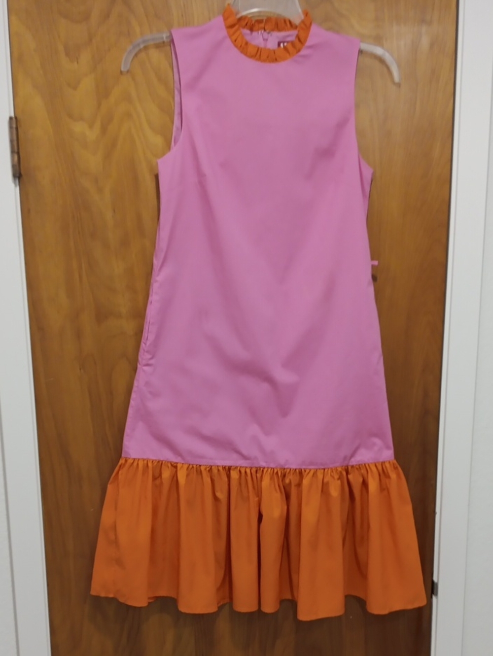 STAUD Carolina Preppy Old Money Size 2 Pink and Orange Ruffle-Hem Dress